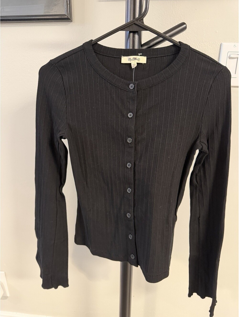 Madewell Flared-Sleeve Cardigan Black Button Up Crewneck Variegated XS NWT